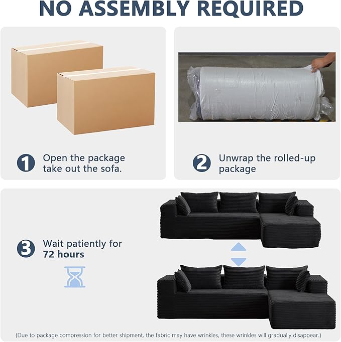 107 Modular Sectional Couch with L-Shape ChaiseBoneless Sofa for Living RoomModern Cloud Couch with Deep SeatNo Assembly RequiredLovesetBlack(Right Facing Chaise)