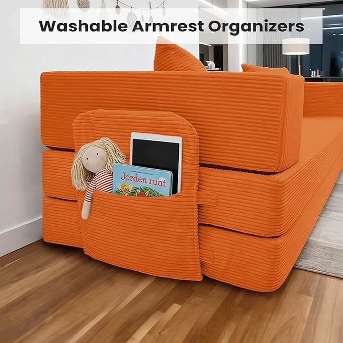 5‑in‑1 Futon Sofa Bed Queen–Floor Foldable Convertible Sofa Couch with L‑Shaped Armrests Removable Cover Orange Convertible Guest Bed | Space‑Saving Fold‑Out Mattress Lounge for Living Room/Bedroom