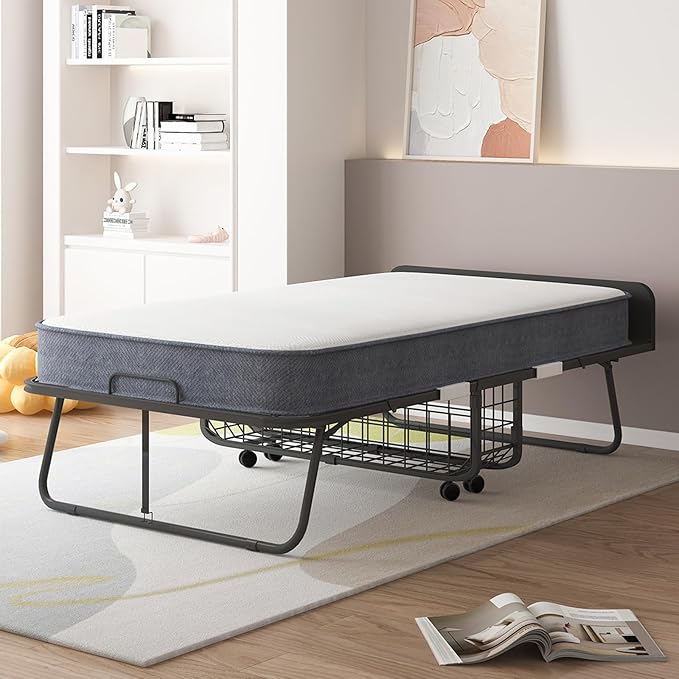 PUREMIND Folding Bed with 5'' Mattress for Adults Rollaway Sofa for Adults with Basket Dustproof Bag &amp Head Baffle Upgrade Single Portable Foldable Bed with Metal Frame &amp Swivel Wheels