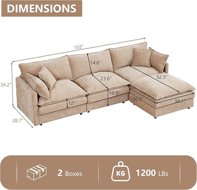 GNIXUU 102 Modular Sectional Sofa L Shaped Cloud Couch with Movable Ottoman &amp 4 Pillows Deep Seat Chenille 4 Seater Sectional Couches for Living Room Apartment (Camel)