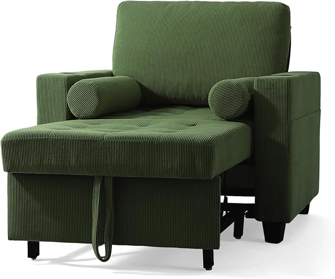 39 Convertible Sleeper Chair Comfy Corduroy Single Sofa Chair with Pull-Out Bed Sleeper Sofa Bed with 3-Levels Adjustable Backrest Side Pocket Cup Holder USB Ports for Living Room Green