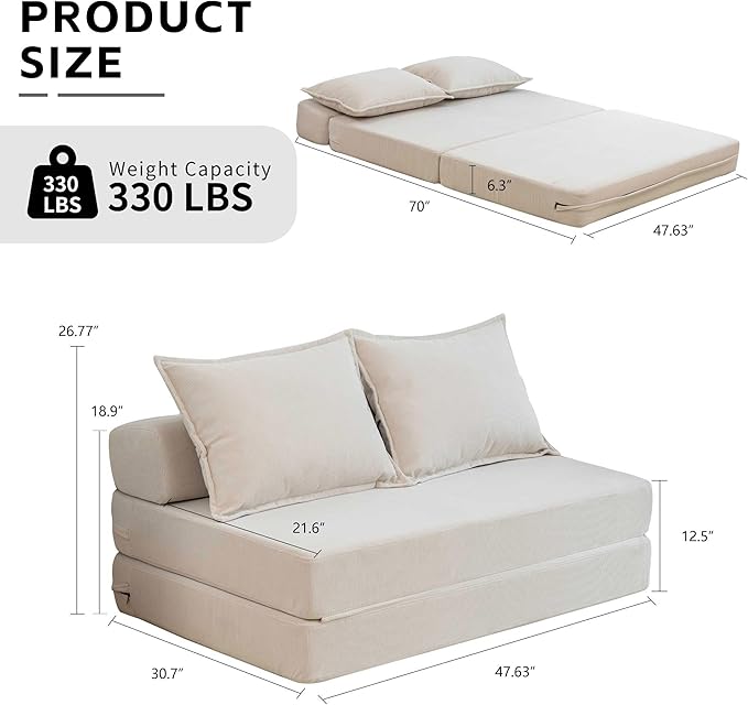47.6'' Folding Sofa Bed 4 in 1 Convertible Sleeper Chair with 2 Pillows Corduroy Boneless Sofa Bed High-Density Foam Floor Lazy Pull Out Loveseat Couch for Living Room Lounge Beige