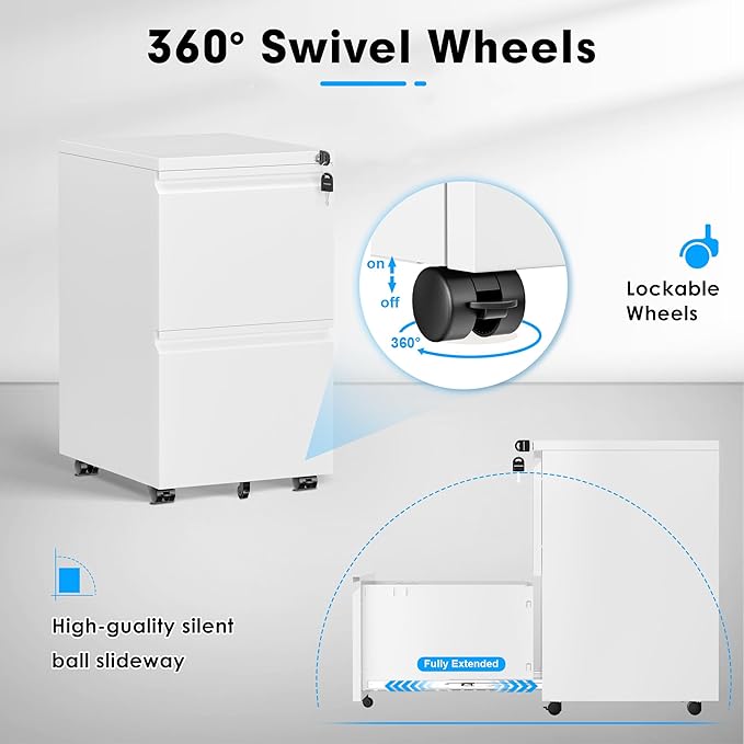 Pataku 2 Drawer File Cabinet Small File Cabinets with Lock Metal Rolling Filing Cabinet with 2 Drawer Filing Cabinets for Home Office Fit A4/Letter/Legal Easy Assembled White