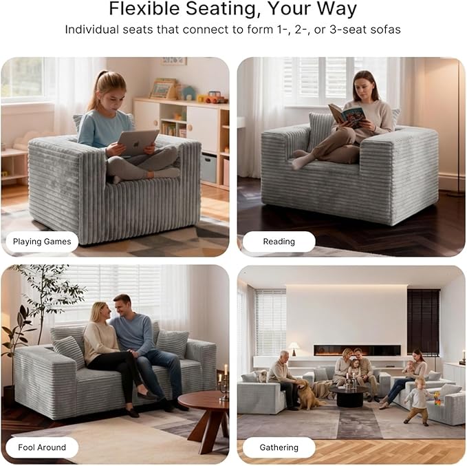 3-Seater Deep-Seat Corduroy Lounge Sleeper Sofa No Assembly Frameless Foam Cloud Couch Comfy Plush for Living Room Bedroom Apartment Dorm Office（Light Gray）