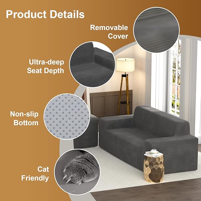 Vivvadecor 79 3-Seater Corduroy Sofa Sofa-in-a-Box Modern Floor Foam Couch with 24 Deep Seat No Assembly Needed Sofas for Compact Living Room Apartment Home Office Dark Gray