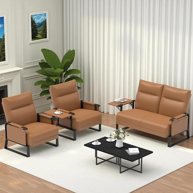 Faux Leather Sectional Couches for Living Room 3 Piece Loveseat and Chair Set with Flip Up Tray Tables Side Pockets Modern Modular Sectional Sofa for Office 2-Seat+1-Seat+1-Seat Brown