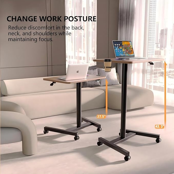 28-Inch Mobile Standing Desk Computer Workstations with Cup Holder Portable Standing Desk with Lockable Wheels Rolling Table for Home Office Classroom Hospital (Walnut)