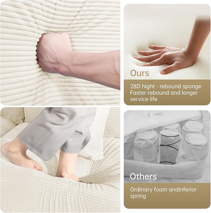 155.3 Oversized Modular Sectional Sofa Corduroy Large Sectional Couches for Living Room 4 Seater Couches Modern Deep Seat Sofa Set with Chaise White