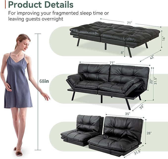 Opoiar 71 L Covertible Futon Sofa BedFaux Leather Futon Couch Memory Foam Modern Loveseat Sleeper Small Splitback Sofa Couches for Living RoomRVHome OfficeApartmentMatte Black
