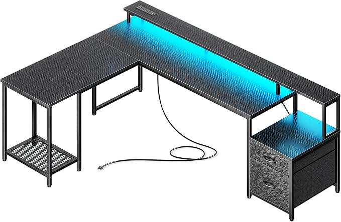 PRAISUN 66 L Shaped Gaming Desk with LED Lights &amp Power Outlets Computer Desk with Fabric Drawers and Print Stand Corner Office Desk Monitor Stand Mesh CPU Stand Black