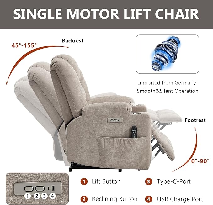Power Lift Chair with Massage &amp Heat Electric Recliner Chairs for Adults Remote Control Sofa for Living Room Standing Assistance USB Ports Stainless Steel Cup Holders (Khaki)