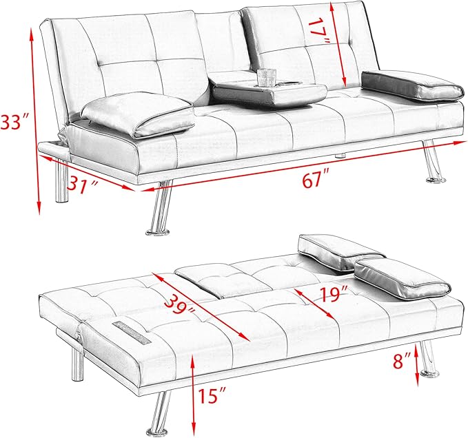 Futon Sofa Bed Modern Folding Couch for Small Space Faux Leather Convertible Loveseat Sleeper Bed Daybed Recliner Lounge Sofas for Living Room2 Cup HoldersMetal LegsRemovable Armrests (Orange)