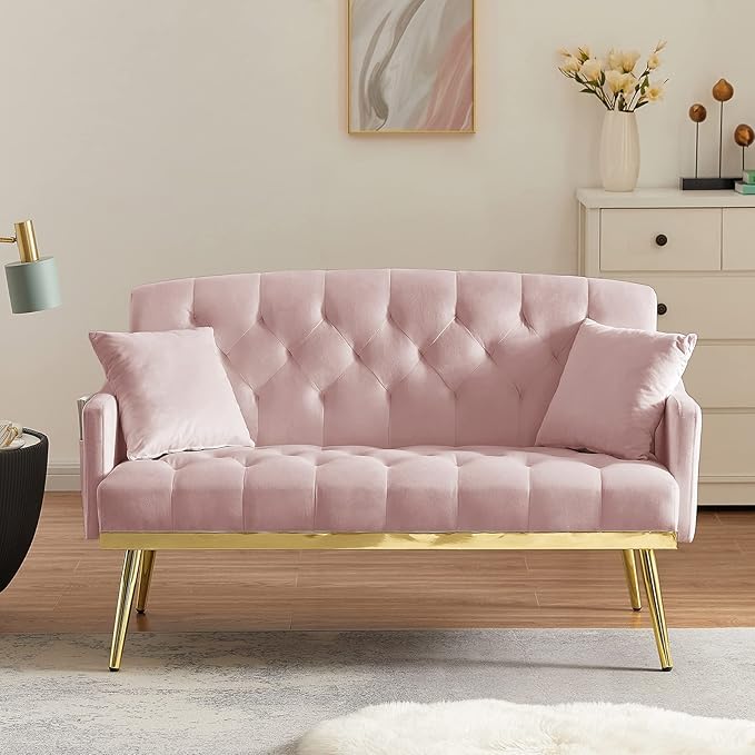Antetek Upholstered Velvet Loveseat Sofa Modern Small Couch with Side Pocket and Golden Metal Legs Tufted Leisure Sofa for Living Room Bedroom Office Pink