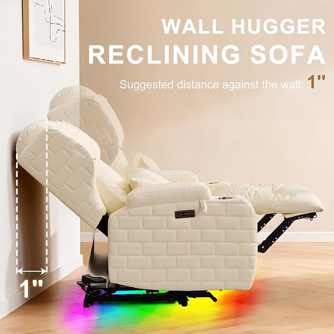 DRMBOOK Power Recliner Chair with 3-Sided Wrap Around LED Electric Wall Hugger Reclining Sofa with Massage &amp Heat Overstuffed Theater Seating with Cup Holders/USB Port (Upgraded Beige 1 Chair)