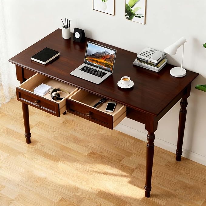 Walnut Writing Desks with Drawers 47 Solid Wood French Country Style Computer Desk for Home Office Living Room Study or Workspace