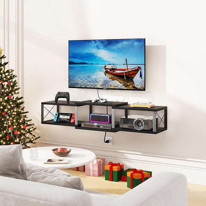 IBUYKE Floating TV Stand with Power OutletWall-Mounted Floating Stand for TVs up to 55Metal Wall Entertainment CenterWall Mounted TV Shelf with Storage for Living Room BedroomBlack UWST011B