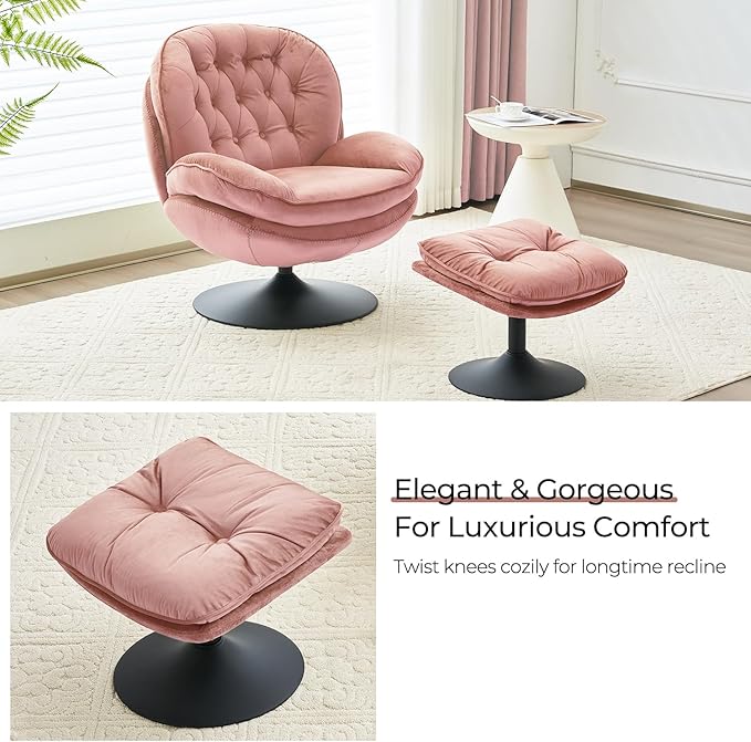 Velvet Swivel Accent Chair with Ottoman Set Modern Tufted Armchair with Footrest for Living Room Reading TV Chair for Adults Comfy Chaise Lounge Chairs with 360 Degree Swiveling for Bedroom Pink