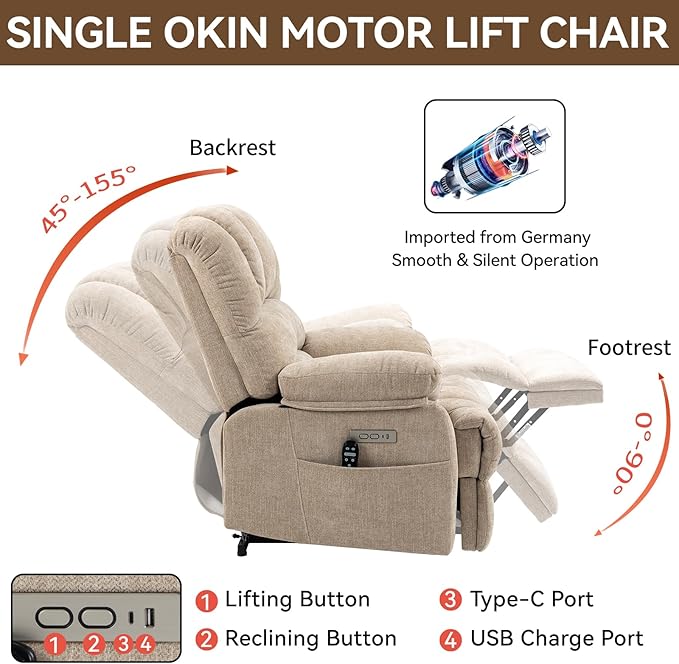 Power Lift Recliner Chair for Elderly with Heat Function 8 Node Massage with 3 Modes Silent Operation Oversized Electric Lift Recliner Single Sofa for Living Room with USB Charging Beige