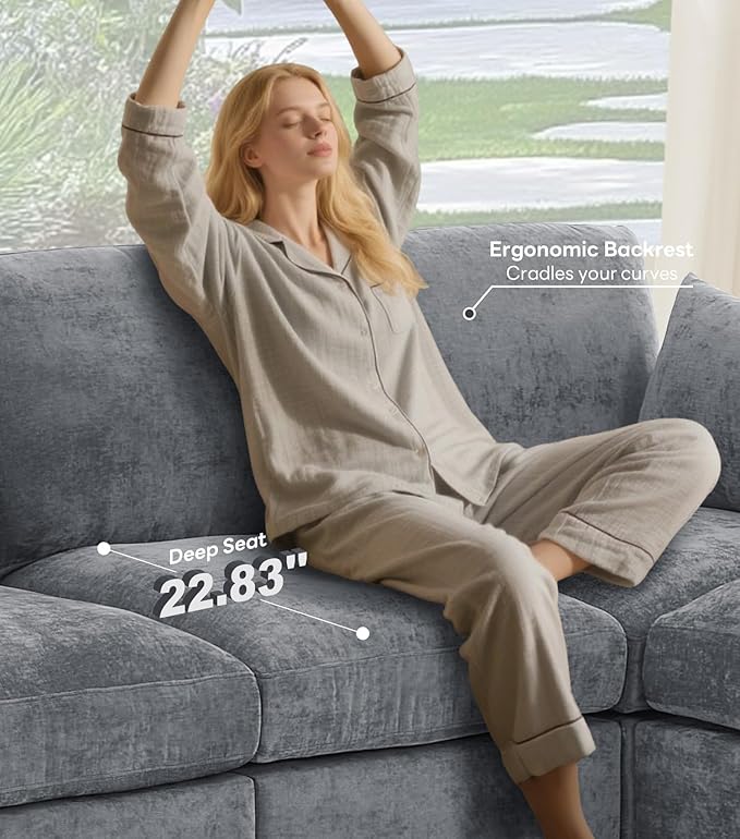 Sectional Couch for Living Room Comfy L Shaped Convertible Sofa 4 Seater Modern Chenille Sofa with Ottoman Grey