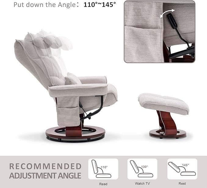 MCombo Swivel Recliner with Ottoman TV Chair Sets with Vibration Massage Ideal for Small Space Living Room &amp Bedroom 4188 (Beige)