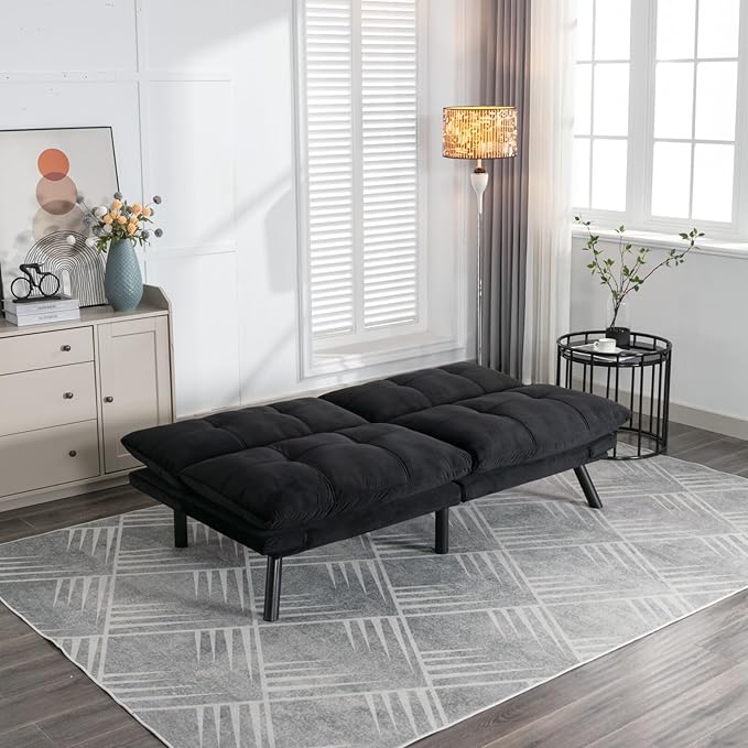LLS 70.87 Velvet Futon Sofa Bed Modern Convertible Sleeper Sofa Couch with Adjustable Backrest and Armrests Tufted Loveseat Sofa with Metal Legs for Living Room Bedroom Apartment Black