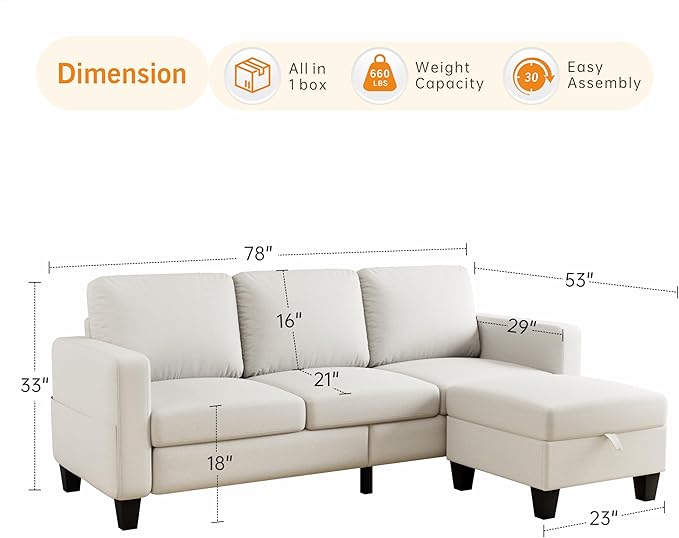 Sectional Sofa and Couches for Living Room - 78'' Beige 3 Seat L-Shaped Couch with Storage Ottoman Modern Linen Convertible Sectionals Sofas for Apartment Office Small Space