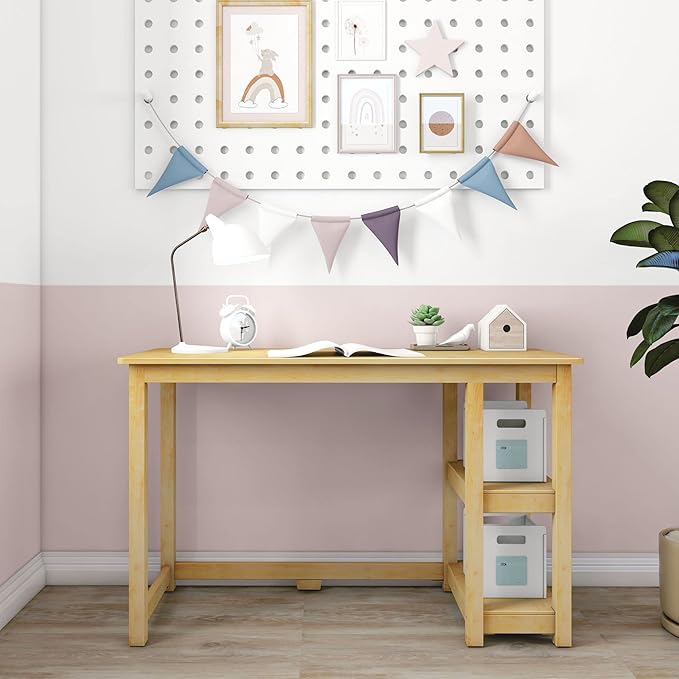 Max &amp Lily Solid Wood Desk With Shelves 47 Inches Natural