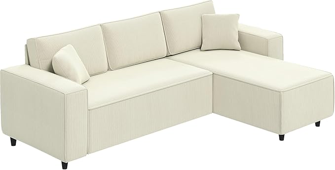 HOMCOM 95 Sectional Sofa with Reversible Chaise Lounge L-Shaped Corner Sofa with Corduroy Fabric Pocket Spring 2 Pillows Wide Arm Thick Padded 3 Seat Couch for Living Room Cream White