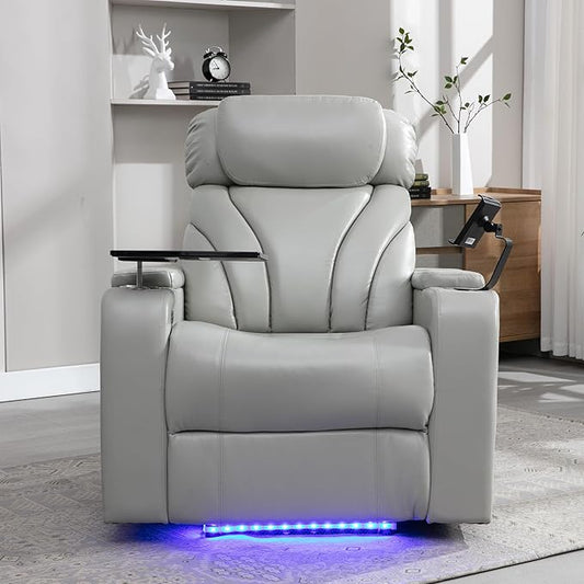 Merax Power Motion Recliner with USB Charging Port and Hidden Arm Storage Home Theater Seating with Convenient Cup Holder Designand Stereo(Light Grey)