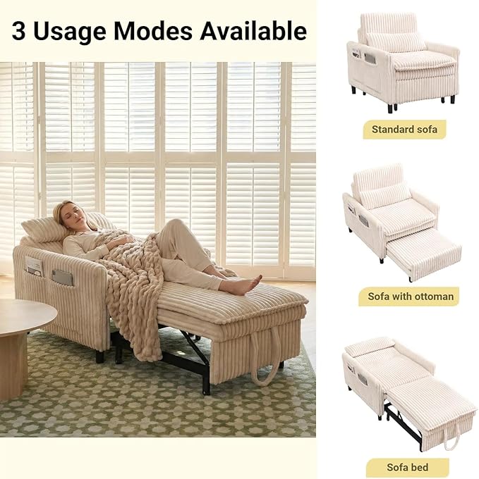 32 Wide Convertible Sleeper Chair3-in-1Pull Out Single Sofa Bed with Adjustable Backrest &amp Side Storage Pocket | Space-Saving Couch for Small Spaces Living Room &amp Bedroom (Beige)