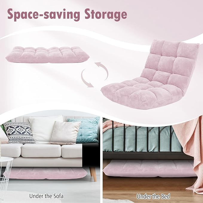 Moccha 14-Position Floor Sofa Folding Sofa Chair with Back Support Memory Foam Floor Gaming Chairs for Adults Adjustable Padded Couch Recliner Chaise Lounge for Reading Meditating (Light Pink)