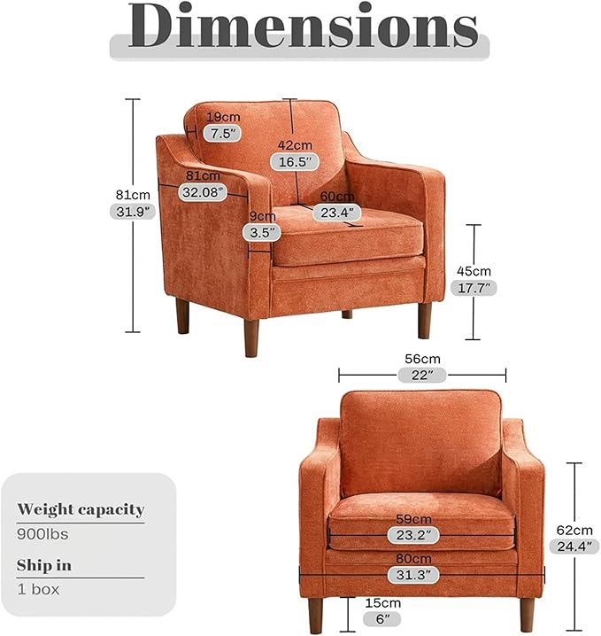Kingfun Accent Chair Living Room Chairs Mid Century Reading Armchair Chenille with Solid Wood Foot Upholstered Modern Decor for Bedroom Apartment Orange