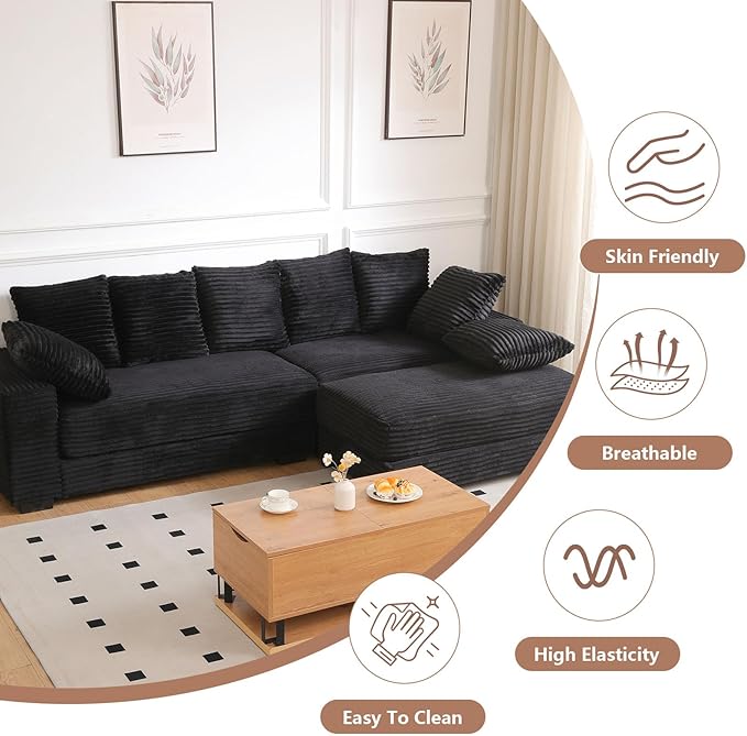 108 Oversized Sectional Sofa Modular Deep Seat Sofa Couch with Storage Ottoman Comfy Upholstered Cloud Couches Modern L-Shaped Corduroy Sofa Chaise with 8 Pillows for Living Room Apartment Black