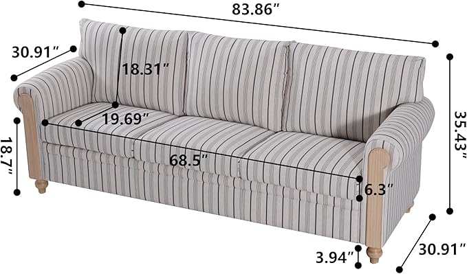 3 Seater CouchFarmhouse Sofa with Solid Wood Frame and Rolled ArmrestsDeep Seat Couch with Plush Cushions in Durable Stripe Fabric for Living RoomBedroom and Office.(3 Seater Couch)