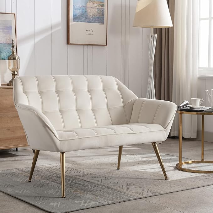 48 Small Loveseat for Small Spaces Modern Sherpa Mini Sofa Couch 2-Seater Velvet Love Seat with Quilting Back and Gold Legs for Living Room/Bedroom Cream