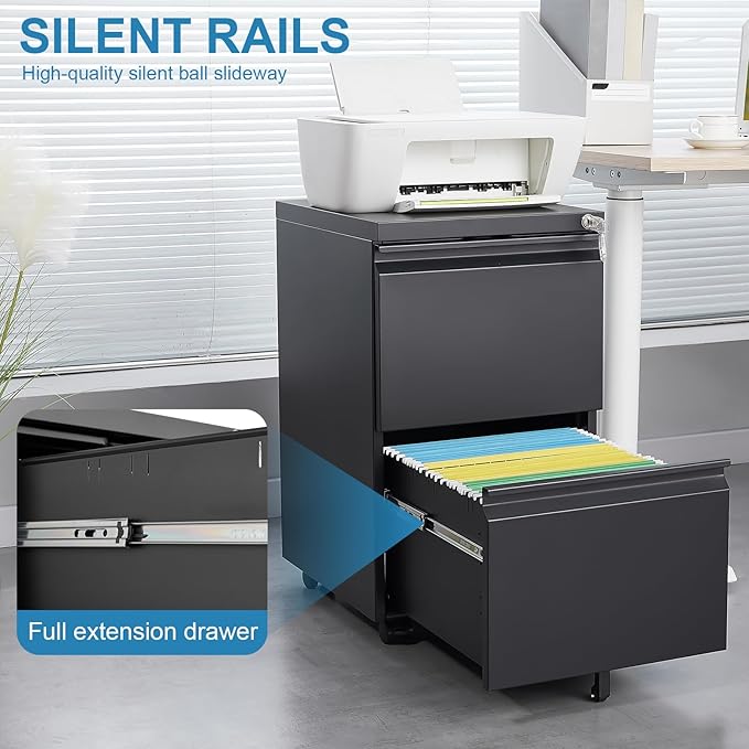 2 Drawer File Cabinet with Wheels Locking Office File Cabinet Mobile Filing Cabinets for Home Office Metal Vertical File Cabients for A4 Letter Legal Size Documents (2 Drawer Black)