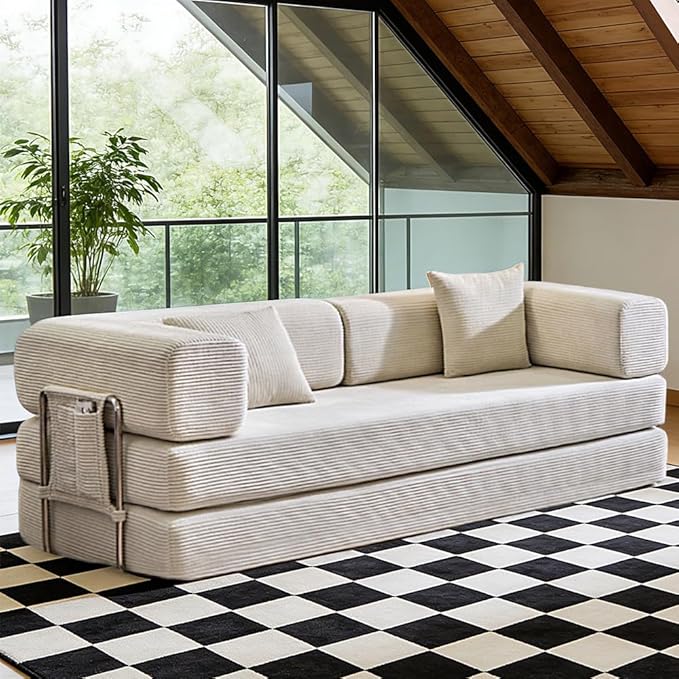 Convertible Sleeper Sofa Bed Corduroy Upholstered Modular Floor Couch Queen/King Size Foldable Futon with futon Memory Foam for Apartment Living Room Bedroom (Off White 80.15)
