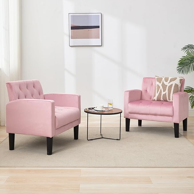 TYBOATLE Mid-Century Fabric Tufted Accent Living Room Armchairs Comfy Modern Upholstered Bedroom Office Armchair Single Sofa Reading Lounging Side Lounge Chair Living Room Furniture (Pink)