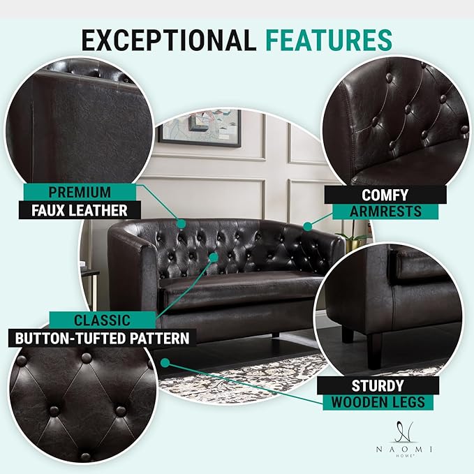 Naomi Home Emma Faux Leather Loveseat Modern Two-Seater Sofa with Wooden Legs Compact &amp Comfortable Seating for Living Room Bedroom or Office - Espresso