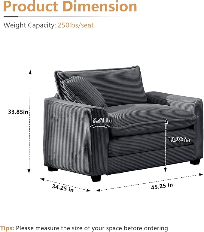 mikibama Luxury Modular Sectional Sofa Chair 45 Inch Modern Corduroy Comfy Cloud Couches for Living Room Office Bedroom Deep Sofa Chair with 1 Toss Pillows Grey