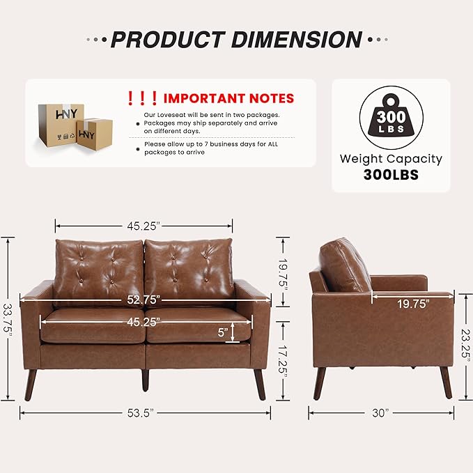 HNY Mid Century Modern 53” Loveseat Sofa Comfy Upholstered Button Tufted Faux Leather 2 Seater Small Sofa Couch Lounge Sleeper Love Seats for Small Spaces Living Room Apartment Bedroom Brown
