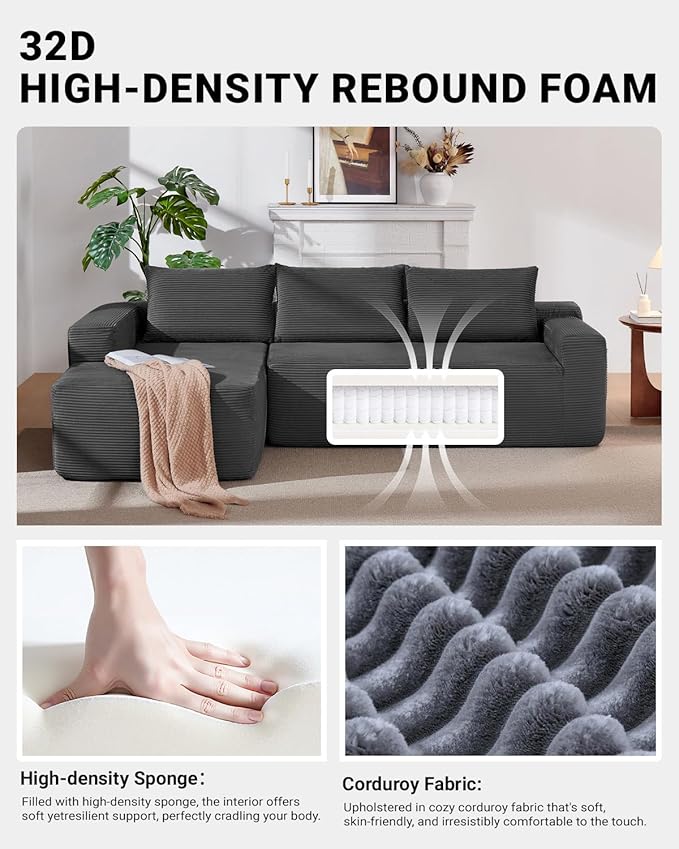 96 Inch Cloud Sectional CouchModern Modular Sectional Sofa with Deep SeatCorduroy Boneless Couches with L-Shape Chaise for Living Room BedroomNo Assembly Required (Grey Left Facing Chaise)