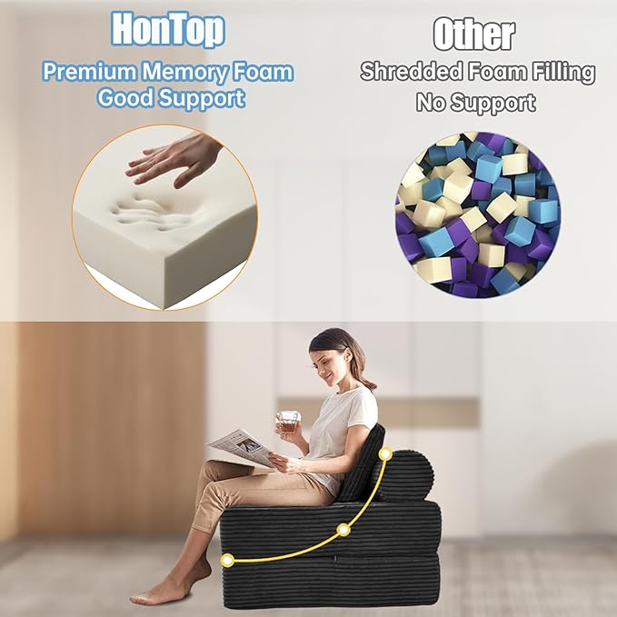 Folding Sofa Bed Convertible Couch Chair with Pillow Boneless Velvet Foldable Sleeper Sofa with Back Support Portable Fold Out Lounger for Living Room Apartment &amp Dorm Dark Grey Corduroy | Lu