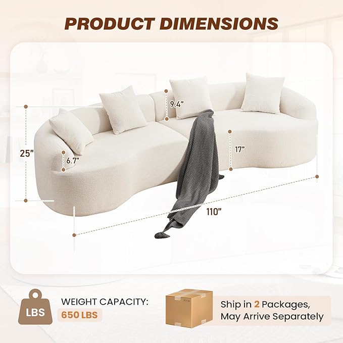 110 Curved Sectional Sofa for Living Room Modern Oversized Plush Chenille Cloud Round Deep Seat Compressed Boneless Couch with 4 Throw Pillows for Apartment No Assembly Needed White
