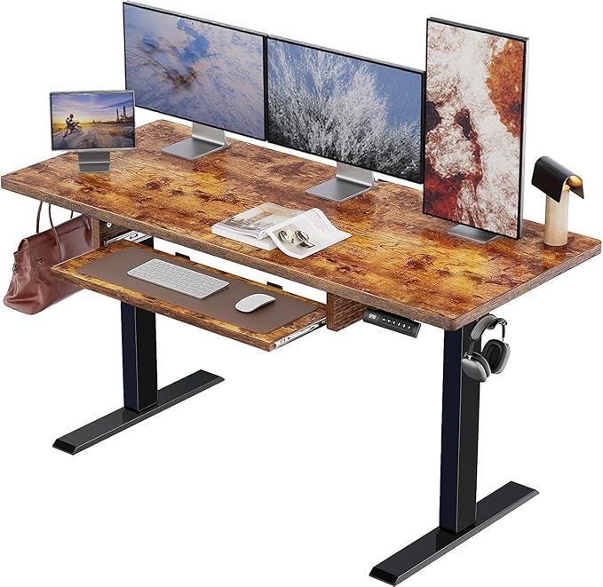 Marsail Electric Standing Desk Adjustable Height 55 * 24 Inch Sit Stand up Desk for Home Office Furniture Computer Desk with 3 Memory Presets Headphone Hook Rustic Brown