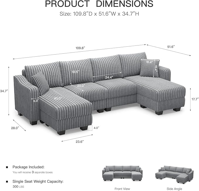 Belffin U Shaped Couch with Reversible Chaises Sectional Couches for Living Room Sectional Couch with Ottomans Corduroy (Light Grey U Shaped)