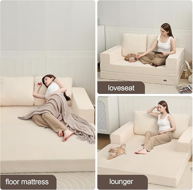 COMAX Convertible Sofa Bed Queen Folding Fold Out Couch Bed Floor Futon Couch Corduroy Sleeper Mattress with Back Pillows Boneless Sofa Comfy Lounge Loveseat for Living Room Bedroom Beige