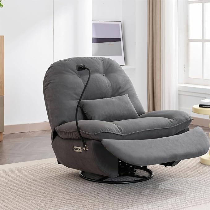 Power Recliner Sofa Chair 270 Degree Swivel Leisure Single Sofa with Button Control Wireless Speaker USB Ports Hidden Arm Storage Phone Holder for Living Room Grey Fabric (Without LED)
