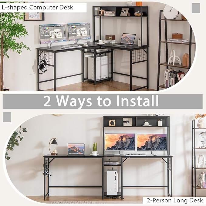 Tangkula L-Shaped Desk with Power Outlet Large Corner Desk Converts to 2-Person Long Desk with Hutch Computer Gaming Desk with CPU Stand &amp 3 Removable Hooks for Home Office (Black)