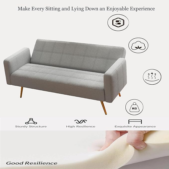 73 Convertible Futon Sofa BedComfy Teddy Fabric Sleeper Couch with 3 Reclining BackrestsGolden Chrome LegsModern Cloud Sofa Loveseat for Small Living Room Office (Grey)